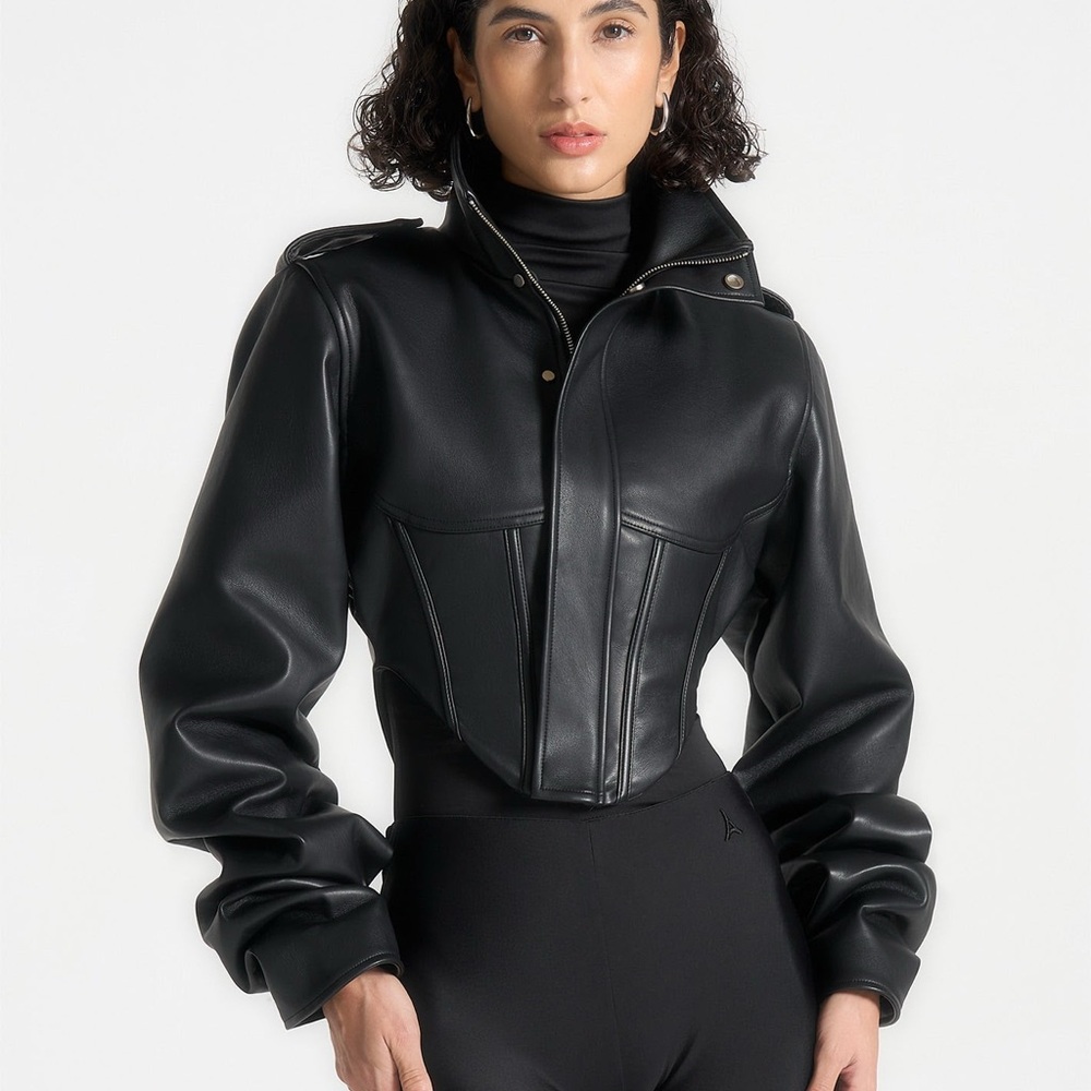 NWT Maniere De Voir Solange Leather Tacked Sleeve Corset Jacket US SIZE 8